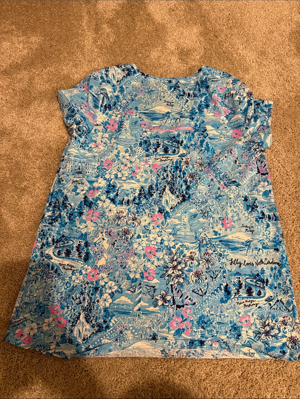 Lilly Pulitzer Blue Scenic Floral V-Neck Tee with Pink Accents - Picture 2 of 3